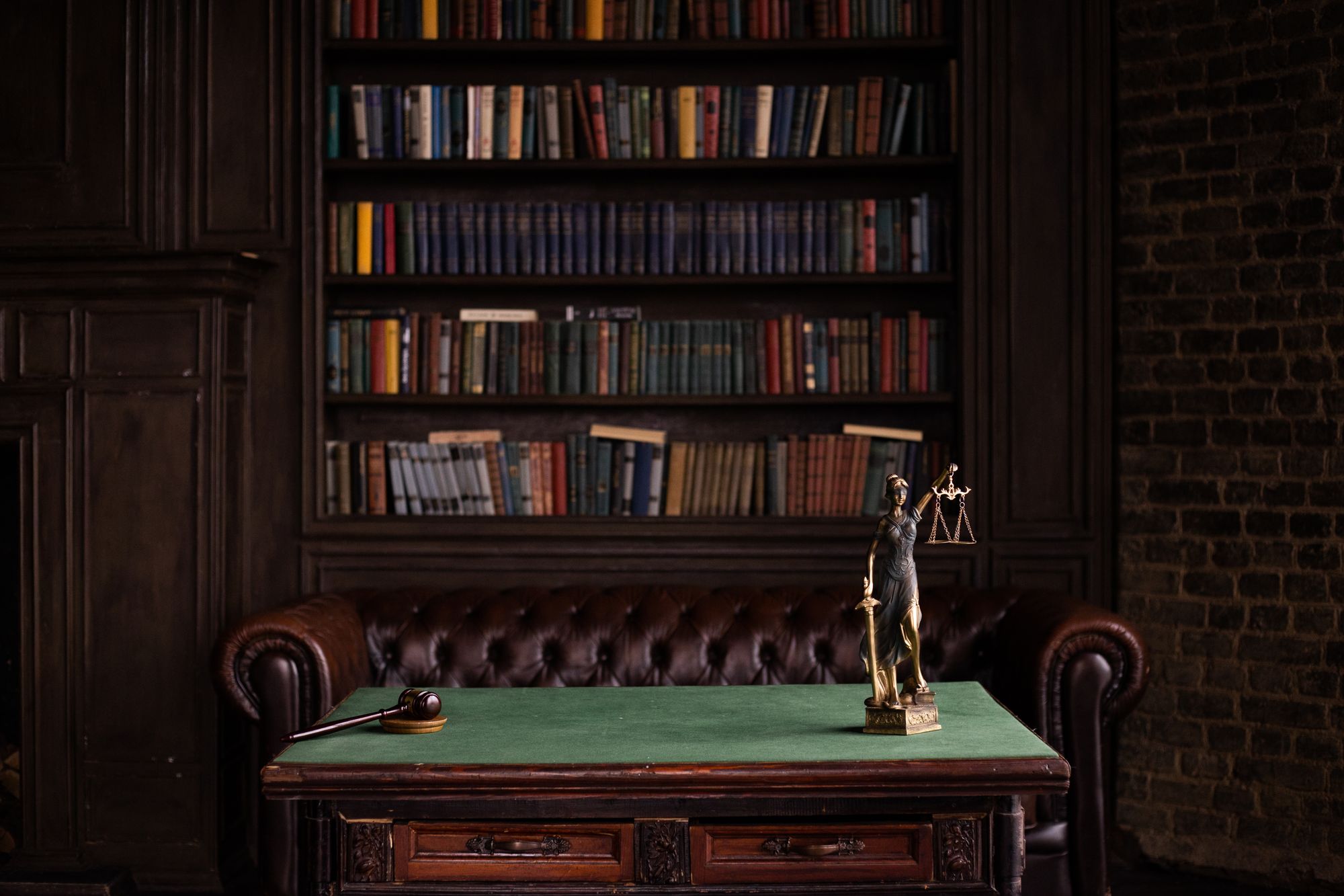 Biblioteca de estudio con figura de la justicia